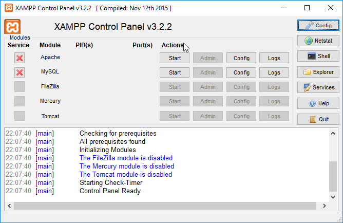 xampp control panel v.3.2.2