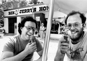 BENNINGTON, VT - JULY 3: Jerry Greenfield and Ben Cohen, partners of a homemade ice cream stand, Ben &amp; Jerry's, in Bennington, Vt. (Photo by Ted Dully/The Boston Globe via Getty Images)