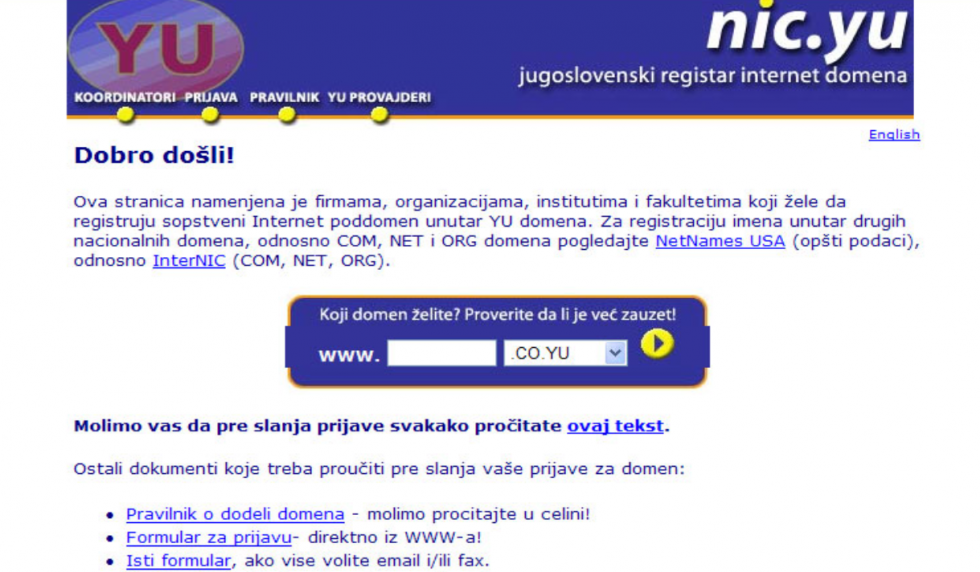 Registracija .yu domena 1997