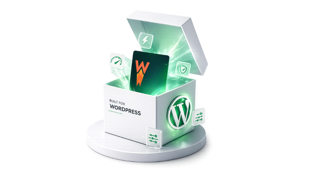 Open white box with WordPress logo and a card reading 'Built for WordPress' on a glowing green pedestal.