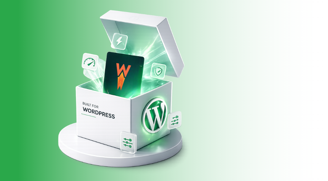 3D white WordPress-themed gift box with a glowing WordPress logo and the label 'Built for WordPress' on a green gradient background.