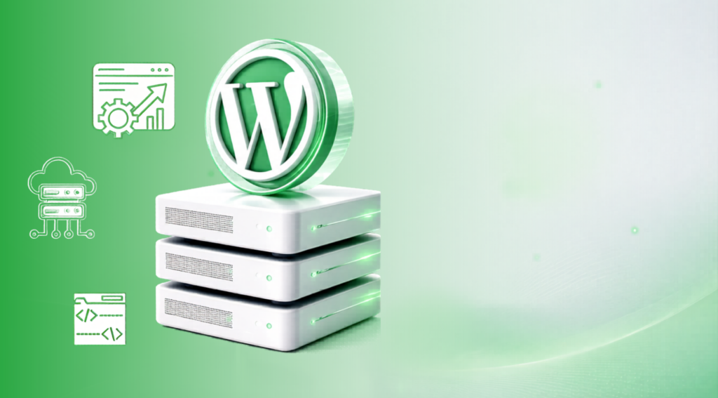 WordPress logo on a stack of white servers against a green gradient background with cloud and coding/hosting icons to the left, representing hosting and performance.