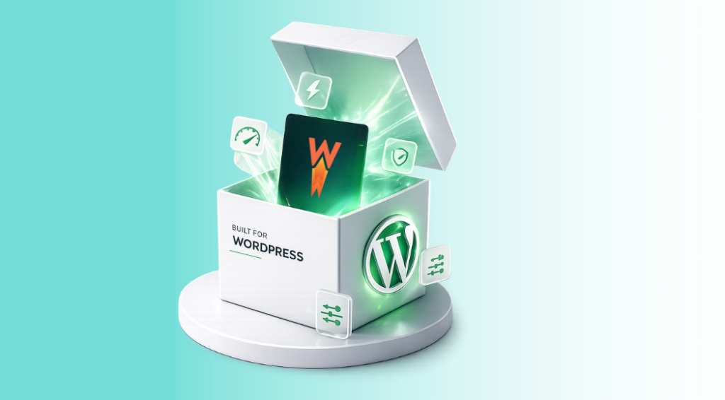 White cube labeled Built for WordPress opens to reveal a glowing WordPress card, with floating icons around it on a teal gradient background.