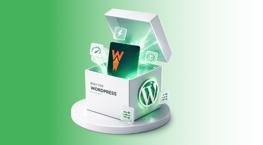 3D illustration of a white box labeled 'Built for WordPress' opening to reveal a glowing green card with a WordPress logo