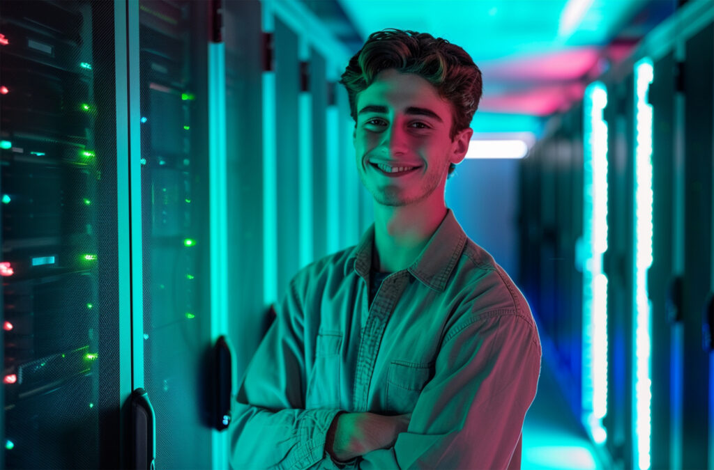 Young man in a denim shirt smiles while leaning against server racks in a data center with teal and blue neon lighting.